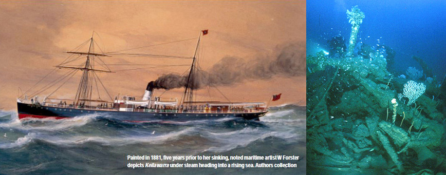 Left; a painting made in 1881 of the SS Keilawarra, the wreck that Kevin and friends discovered in 2000. Right; a diver approaches the large anchor on the now collapsed bow of Keilawarra. Photo Mark Spencer ( http://www.markspencer.com.au/ ) 