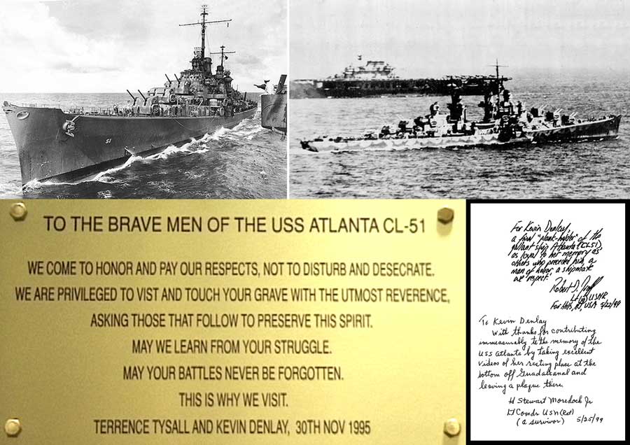 Top left: USS Atlanta, somewhere in the South Pacific, mid 1942. Top Right: USS Atlanta on station off the carrier USS Hornet at the Battle of Midway, June 1942. Bottom left: The brass plaque Terrence Tysall and I left on the wreck of USS Atlanta. Right: It was a great honour to receive a book inscribed by two Atlanta survivors; signed lower, Lt. Commander Stewart Moredock (USN ret.) who was the senior surviving member of Admiral Scott’s entire staff, who himself died on Atlanta’s bridge off Guadalcanal on the night of Friday 13th, November, 1942. And signed top, Lt. Robert Graff (USN ret.), who even bestowed on me the title of ‘honorary plank-holder’ for Atlanta. A rare honour to be bestowed on a person who was not a member of Atlanta’s very first crew; so I take it very seriously indeed.