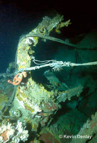A collapsed 120cm - 47 inch searchlight stand on the wreck of Hr. Ms. Java. The rope lines seen in the photograph are from the remains of snagged (and then discarded) commercial fishing nets