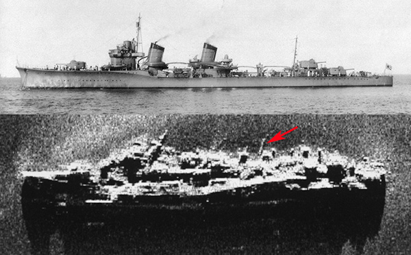 Top, HIJMS Amagiri. Bottom, Side-Scan Sonar image of her wreck. Red arrow points to a 'live' torpedo