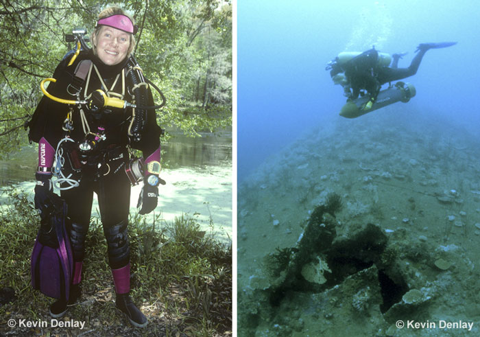 Kevin’s beautiful wife Mirja was his dive partner on reefs, in caves and on wrecks all around the world for sixteen years, until she immersed herself into the medical field and then, at fifty years of age, went back to university, and became a Registered Nurse. Left; after a deep cave dive, Eagles Nest cave, Florida, circa 1995. Right, riding an Aquazepp Diver Propulsion Vehicle, or scooter, of a Japanese Maru (note the bomb exit hole on the wartime freighter, sunk in 1942), during a ‘work-up’ dive for her upcoming dive on the USS Atlanta: Guadalcanal, Solomon Islands, 1998