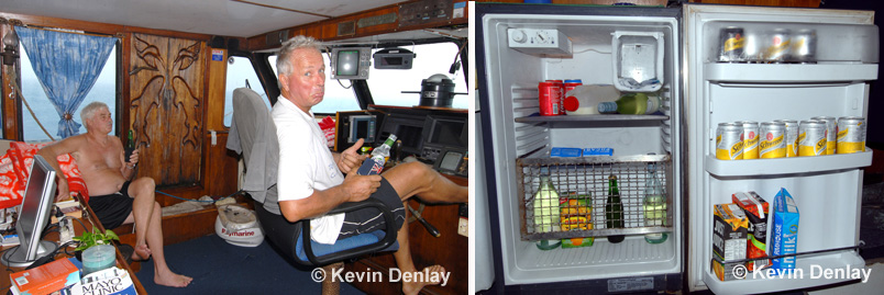 Right: The pub with no beer! Probably the rarest sight I ever witnessed, and I have witnessed countless in my many years of diving, including nine of those off MV Empress, occurred on Empress on our way back to Singapore after discovering HMS Exeter in 2007. And that was an empty beer fridge, and no beers left on board anywhere. Left: Captain Phil Yeutter (USN retired) and Captain Vidar Skoglie drinking the last two beers on board, and we are still one day out of Singapore! As you can see the good captain is not at all happy. If this had happened on a regular charter with a full contingent of divers aboard, instead of an exploratory expedition with just four of us onboard, mark my words as anyone who has dived off Empress knows, there would have been a mutiny