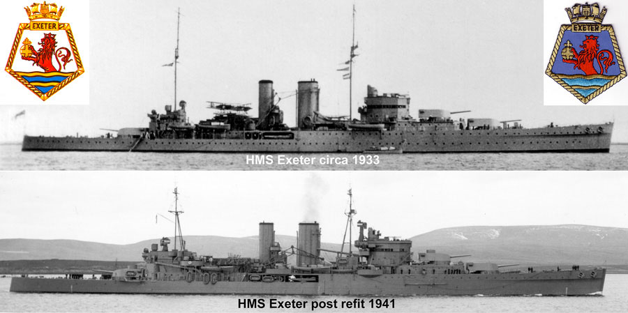 Top: HMS Exeter in the configuration she would have basically been in when she fought Admiral Graf Spee in the South Atlantic during December, 1939. Bottom: Exeter’s new ‘look’ following her repairs and modernistation in 1940 / 1941 when back in England after having returned their for said repairs