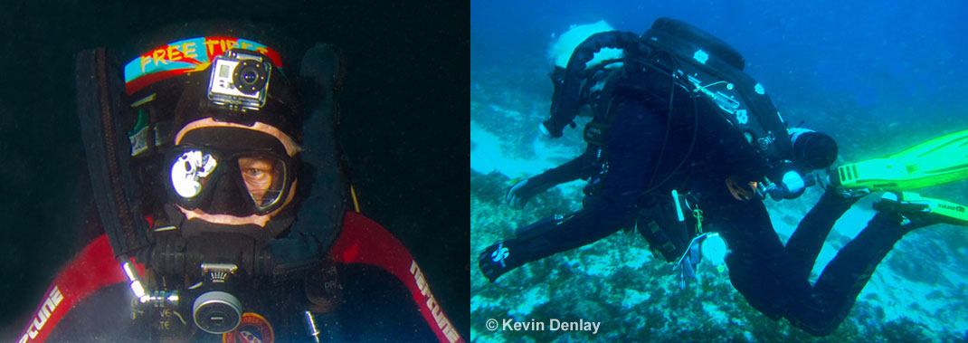 Right: Kevin on his ever faithful and (mostly) reliable Mk15.5 Closed Circuit Rebreather doing what he likes best, being in or on the water. Besides the two ‘on-board’ spherical Inconel cylinders inside the case of his CCR – one containing pure oxygen and the other a diluent (of either air for shallow diving or trimix for deep diving) – he has IN THIS INSTANCE two special ‘composite’ construction 3 litre x 300 bar cylinders (i.e. 900 breathable litres, or 32 cubic feet @ 4,410 psi) mounted on the bottom of his rebreather, each containing a different ‘OPEN CIRCUIT bail out’ gas THAT HE CAN SWITCH TO for emergency purposes just in case his rebreather should fail. Left; A one-eyed view of things. Soon after starting scuba diving Kevin suffered a non-scuba diving related accident that left him completely blind in his right eye. Note that Kevin has a BOV (or bail-out-valve / regulator) attached to the mouthpiece of his CCR - bottom centre of picture - that allows switching to the bail out gas he carries on the bottom of his CCR case, without ever having to remove his mouthpiece.