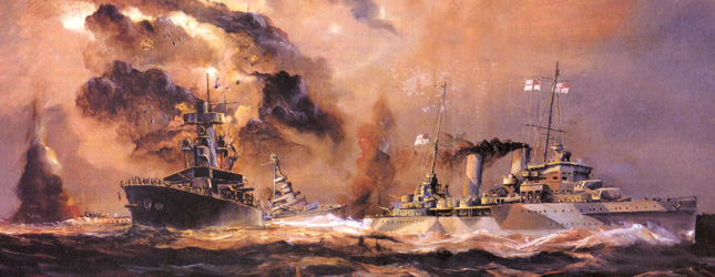 A painting of the Battle of the Java Sea; Night Action. HMAS Perth, right, narrowly avoids the stricken Hr. Ms. De Ruyter, while USS Houston maneuvers in the background. Both Perth and Houston were sunk two days later during the Battle of Sunda Strait leaving the Japanese in complete control of the Java Sea