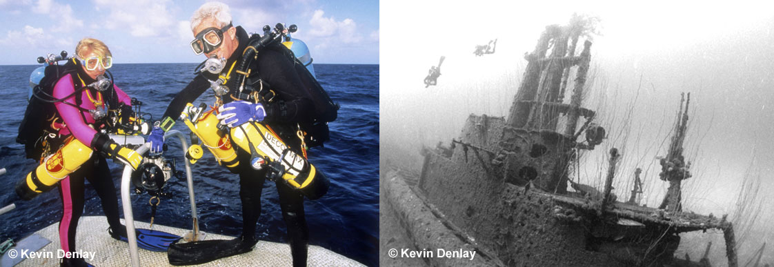 Kevin and Mirja Denlay, Bikini Atoll, 1996. Look who gets to carry the cameras!  Right, two divers descend on the ghostly remains of the submarine USS Pilotfish, sunk by the underwater ‘Baker’ blast, one the two 23 kiloton atomic tests (the other an air burst code named ‘Able’), conducted by the USA at Bikini Atoll in 1946 and known as Operation Crossroads