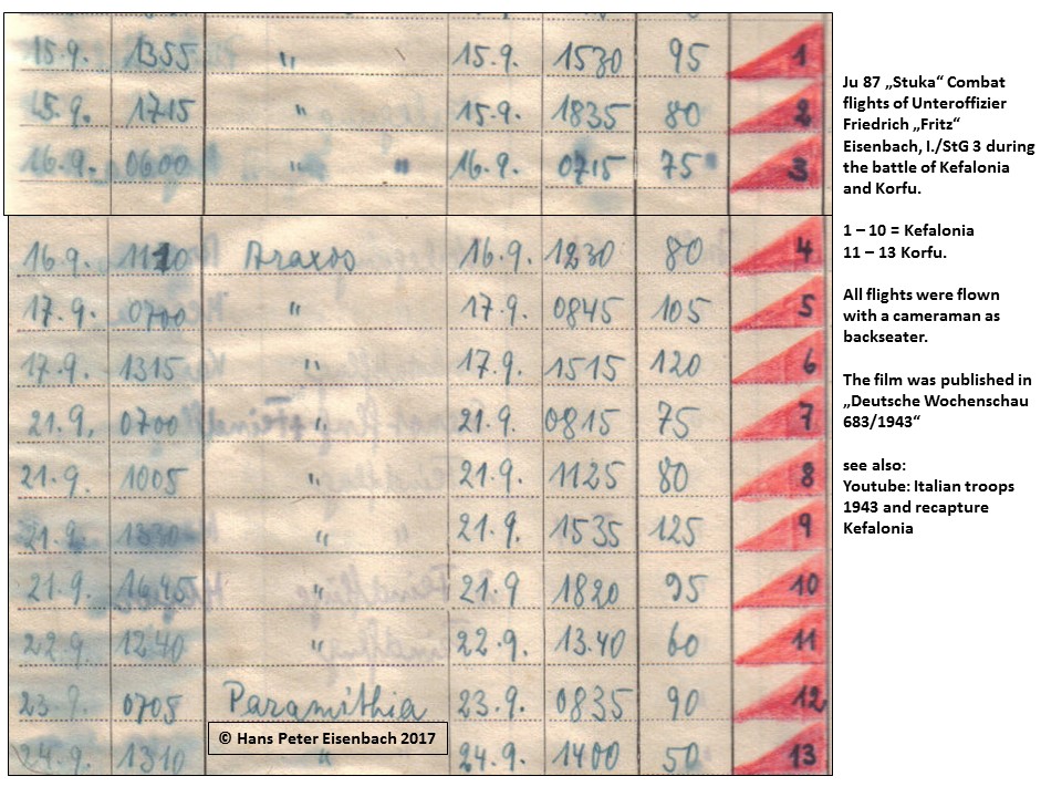 Page of Fritz Eisenbach's flight log book, with the missions over Kefalonia and Corfu in September 1943. COPYRIGHT: Hans Peter Eisenbach