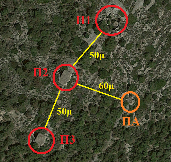 Απεικόνιση της τοποθεσίας στον χάρτη. Διακρίνονται τα 3 πυροβολεία (Π1 = άνευ bunker, Π2-3 = με bunker) και το παρατηρητήριο (ΠΑ).