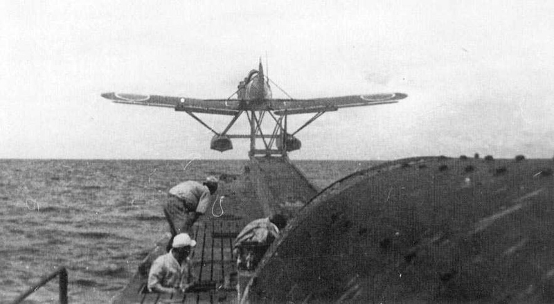 An E14Y1 "Glen" is catapulted off a Japanese submarine. A similar floatplane attacked the continental U.S. twice.