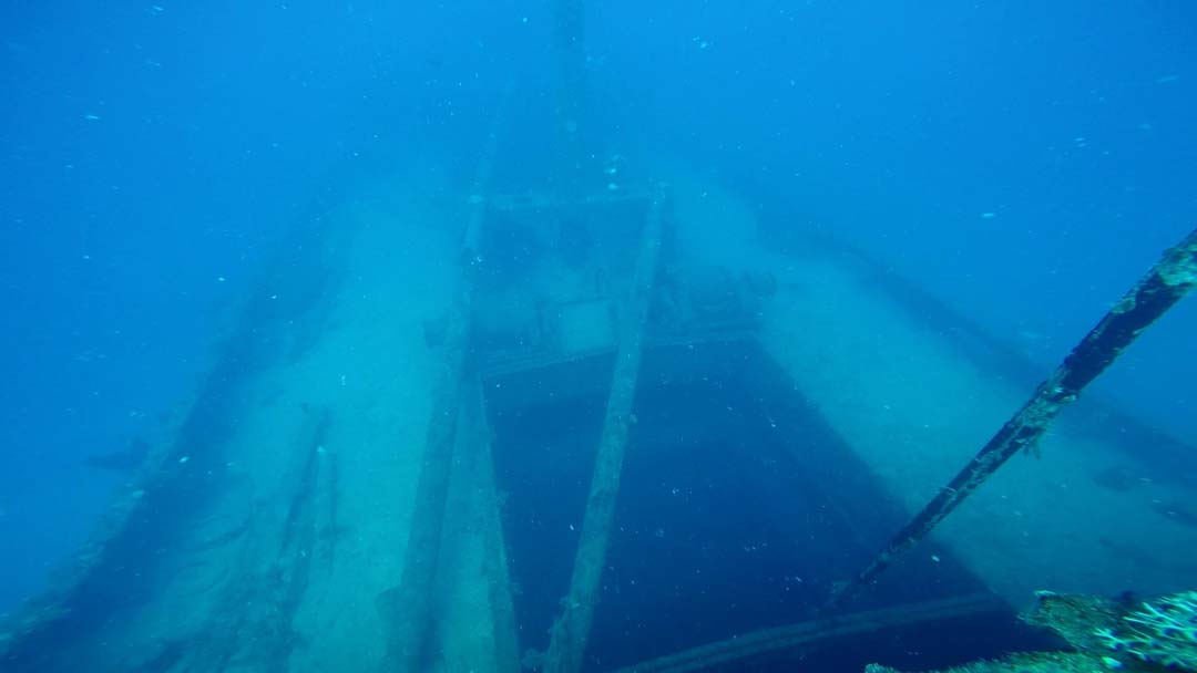 Cargo hold no.2 of the Akibasan Maru, looking forward and down from above the bridge