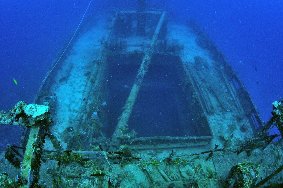 Cargo hold no. 5 of the Akibasan Maru, looking forward from over top of the stern superstructure
