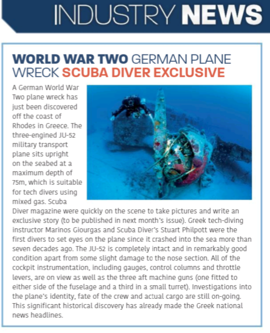 Το περιοδικό Scuba Diver παρουσίασε το Ju52 σε παγκόσμια αποκλειστικότητα