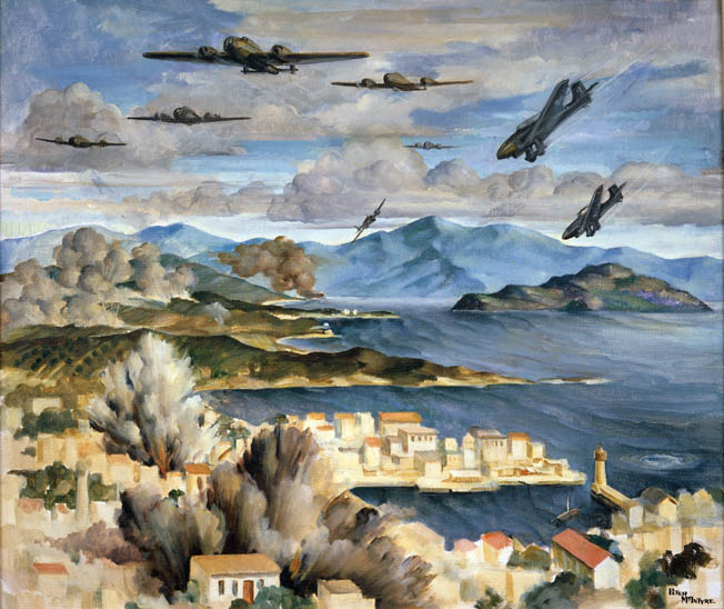 Another painting by McIntyre shows German aircraft attacking New Zealand positions at Canea, Crete. German air superiority severely limited British ships unloading supplies except at night, and also provided “aerial artillery” for the German attackers once on the ground. Produced by New Zealand Micrographic Services Ltd Date: May 2007 Equipment: Lanovia C-550 Scanner Software Used: Adobe Photoshop CS2 9.0 This file is property of Archives New Zealand