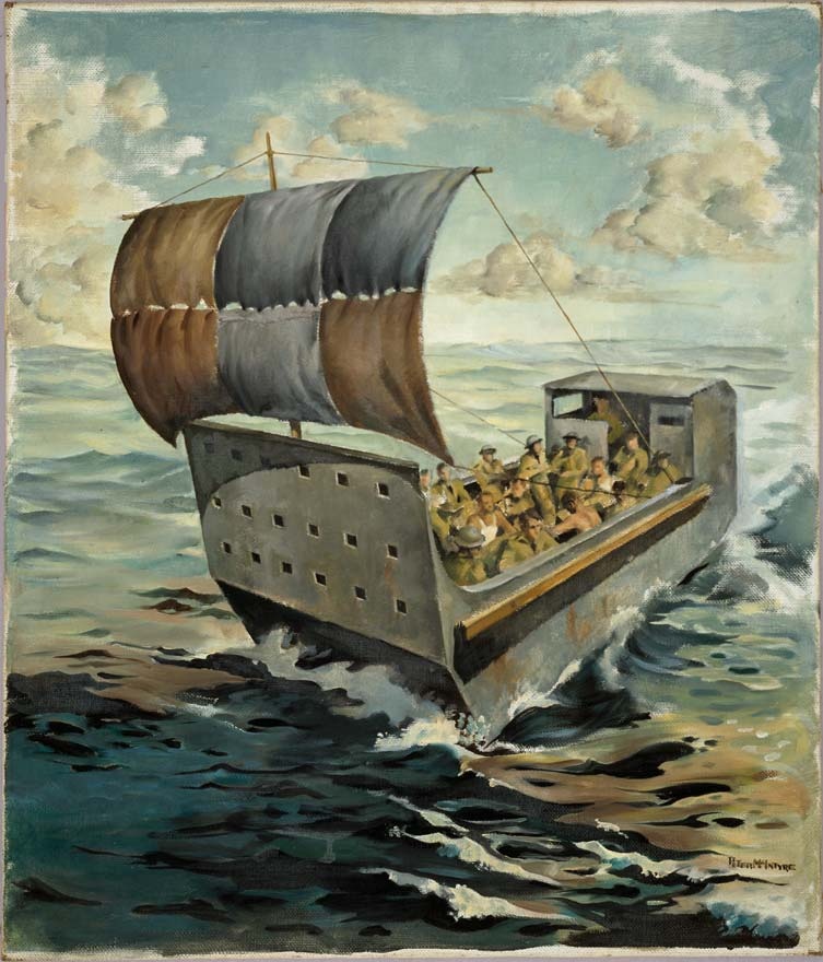 he barge from Crete, painted by Peter McIntyre, New Zealand’s official war artist, in July 1941. McIntyre’s painting illustrates the epic journey of a group of escapees who sailed an abandoned landing barge from Crete to Egypt. The 137-strong party, mostly Royal Marines, set out on 1 June. Nine New Zealanders were thought to be among this party, although the only one known by name was Private W.A. Hancox. He had been picked up 3 km off shore, paddling along on a plank of wood. After the barge’s fuel ran out blankets were rigged as sails. To make sure these caught the breeze the men often had to jump into the water and push the nose of the barge in the right direction. Conditions on board were tough. Food supplies were rationed to half a tobacco tin of water and a teaspoon of bully beef per day. During the voyage one soldier died of exhaustion and another committed suicide. On 9 June, eight days after leaving Crete, the barge drifted ashore 24 km west of Sidi Barrani in Egypt.