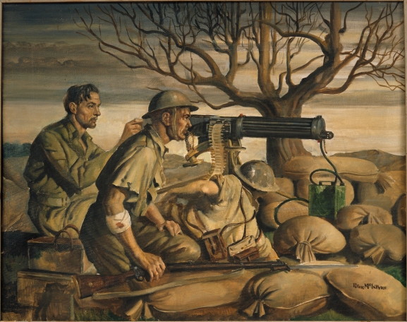 Machine gunners on alert at dawn, behind their World War One style Vickers machine gun.
Oil, 562 x 700mm
Greek Campaign
