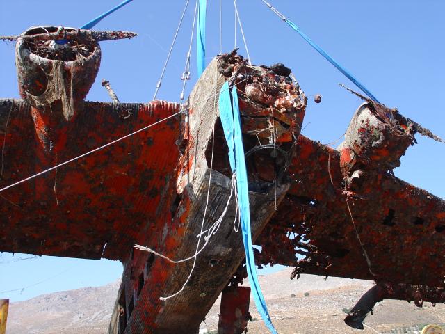 Close up of the Ju52, as it is lifted from the seabed.