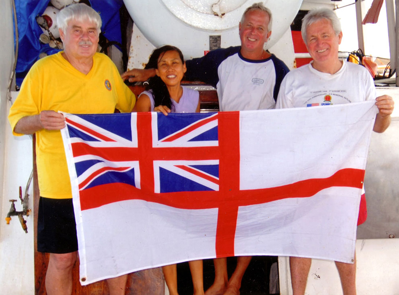 HMS Exeter wreck discovery dive team, February 21st 2007. Left to right – Captain Phil Yeutter (USN Retd.), Alice Skoglie, Captain Vidar Skoglie (MV Empress), Kevin Denlay.