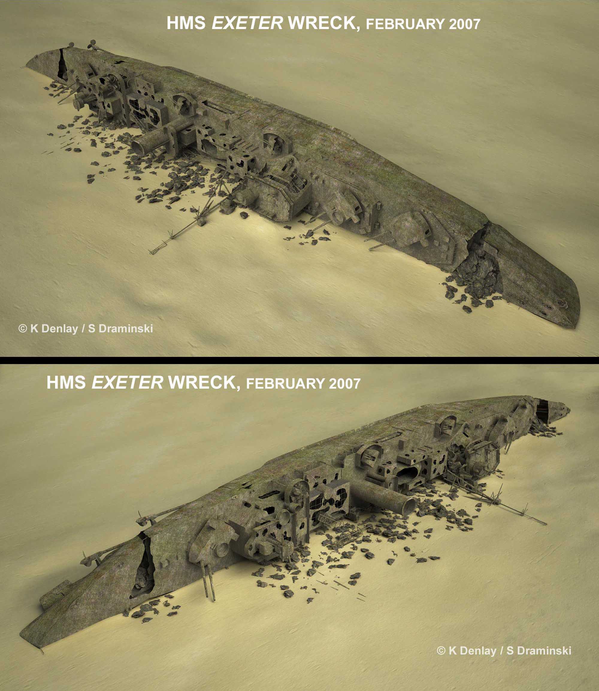 The wreck shown from the bow and the stern, and while the damage to the bow is definitely from a torpedo hit, the crack across aft is definitely not; it is simply from ‘gravitational effects’ as describe in the survey report.