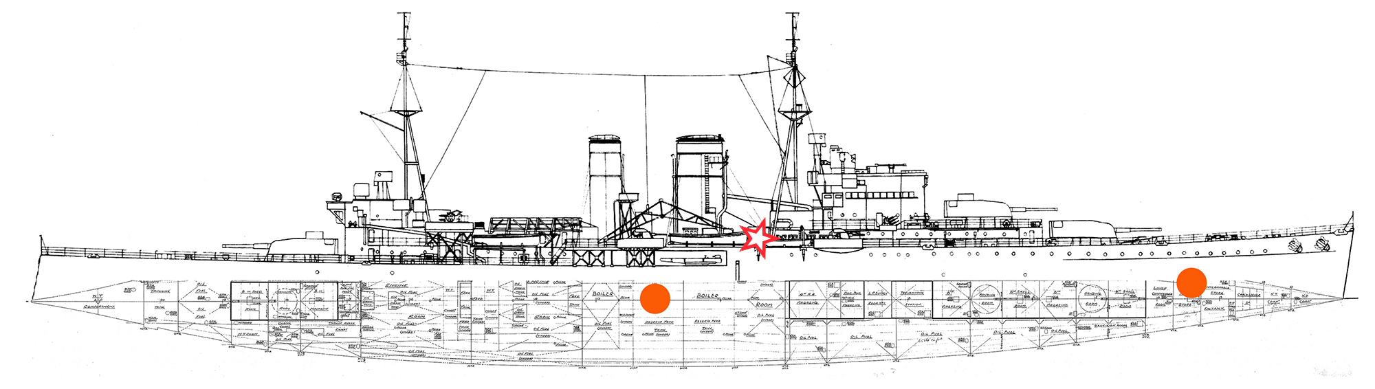 The red star shows the approximate location where the devastating shell hit and entered ‘A’ (or the forward) boiler room and knocked out all power to the ship, causing her abandonment. The red dots show the exact location of the two torpedo hit locations to starboard after the ship had been abandoned. The one amidships hit into the ‘B’ (or aft) boiler room, while the one to the bow hit just forward of the breakwater in front of ‘A’ turret, almost severing the bow.
