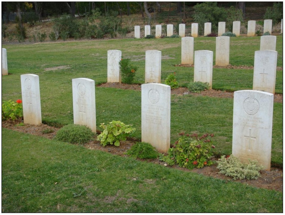 The graves off the four Royal Marines at the Phaleron War Cemetery in Athens. Credit: Craig Walker